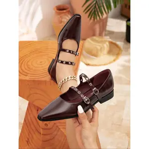 Retro English Style Mary Jane Shoes for Women, Square Toe Casual Buckle Flat Shoes for Commuting, PU Leather Trendy Footwear
