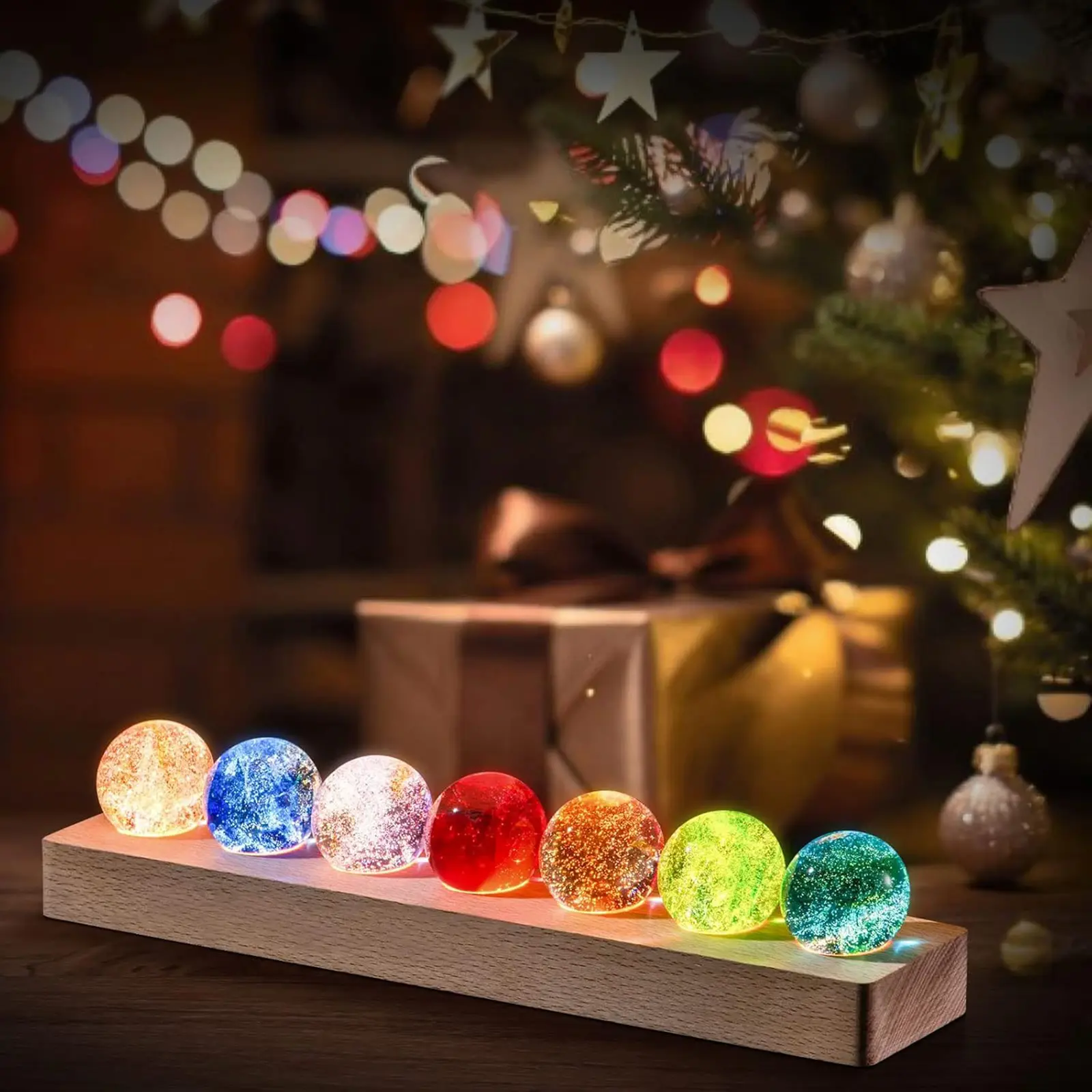 7 Colorful Ice Cracked Glass Crystal Balls Desk decoration Healing Stone Spheres with LED Wooden Stand,Crystal Meditation Night Light,Positive Energy Decor Cool  for Him Her 1.57"(40mm)room home office desktop unique decor modern minimalist design
