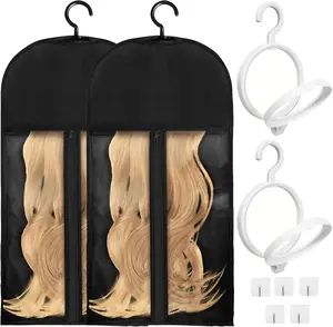 2Packs Hanging Wig Stand 2packs Wig Storage Bags Dust-proof Wig Bags With Hanger With Clear Zipper Closure for Multiple Wigs Hats and Hair Extensions Accessories (White stand-Black bag)