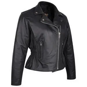 Vance Leather Women's Black Soft Cowhide Braided and Studded Biker Motorcycle Riding Jacket