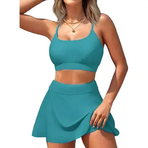 High Waisted Tummy Control Two Piece Swimsuit Scoop Neck Sporty Padded Bikini Set with Skirt