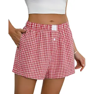 Womens Boxer Shorts Cotton Summer Casual Pajama Y2K Sleep Gingham Plaid Shorts Bottom with Pockets 2026