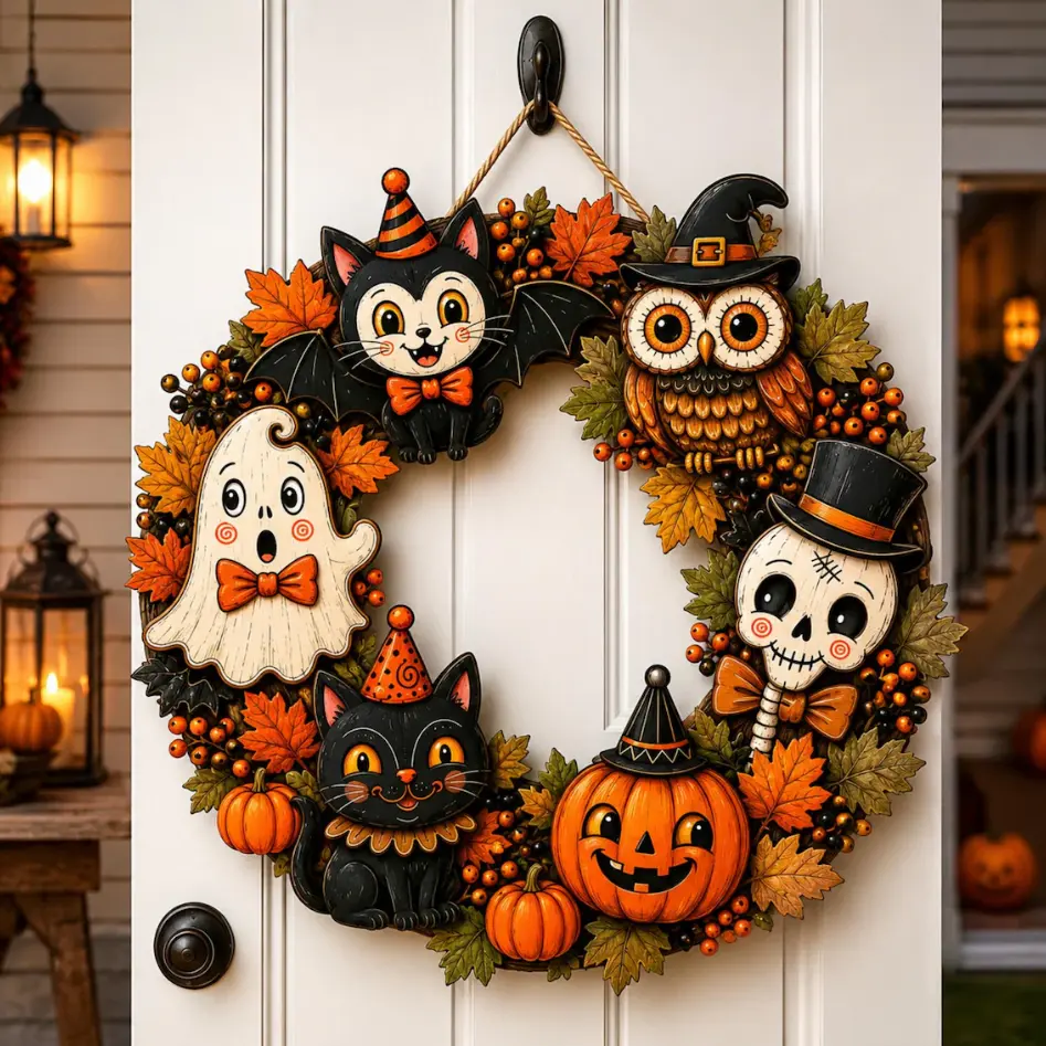 Cute Halloween Wreath for Front Door, Cartoon Ghost Pumpkin & Black Cat Hanging Decoration, Festive Fall Wreath with Owl & Skeleton Decor, Spooky-Cute Holiday Entryway Ornament for Home Party Indoor/Outdoor Wall Decor, Fun Halloween Gift