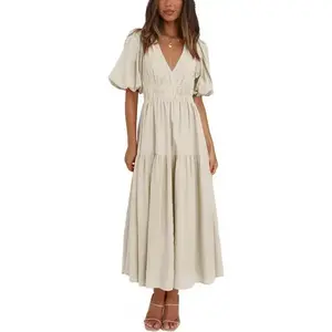 Women’s Deep V‑Neck Puff Short‑Sleeve Tiered Maxi Dress, Flowy A‑Line Midi Dress, Casual Polyester