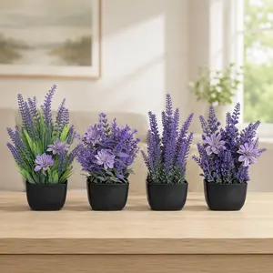 4pcs Artificial Lavender Potted Plants Purple Faux Flowers in Black Pots Small Fake Plants for Bathroom Shelf Desk Office Kitchen Bedroom Farmhouse Home Decor