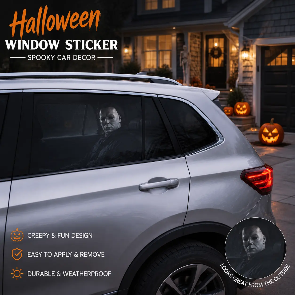 Car Window Decal - Perforated One Way Vision Halloween Horror Window Cling Sticker, 3D Realistic Scary Ghost Passenger Graphic for SUV, Truck, Van & Auto Rear Side Window, Spooky Gag Gift for Drivers, Men & Horror Fans