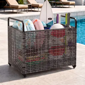 Pool Float Storage Organizer, Outdoor Wicker Rattan Small Rolling Cart with Handle for Pool Toys, Noodles, Floats, 33x26x36 Inches, Gray
