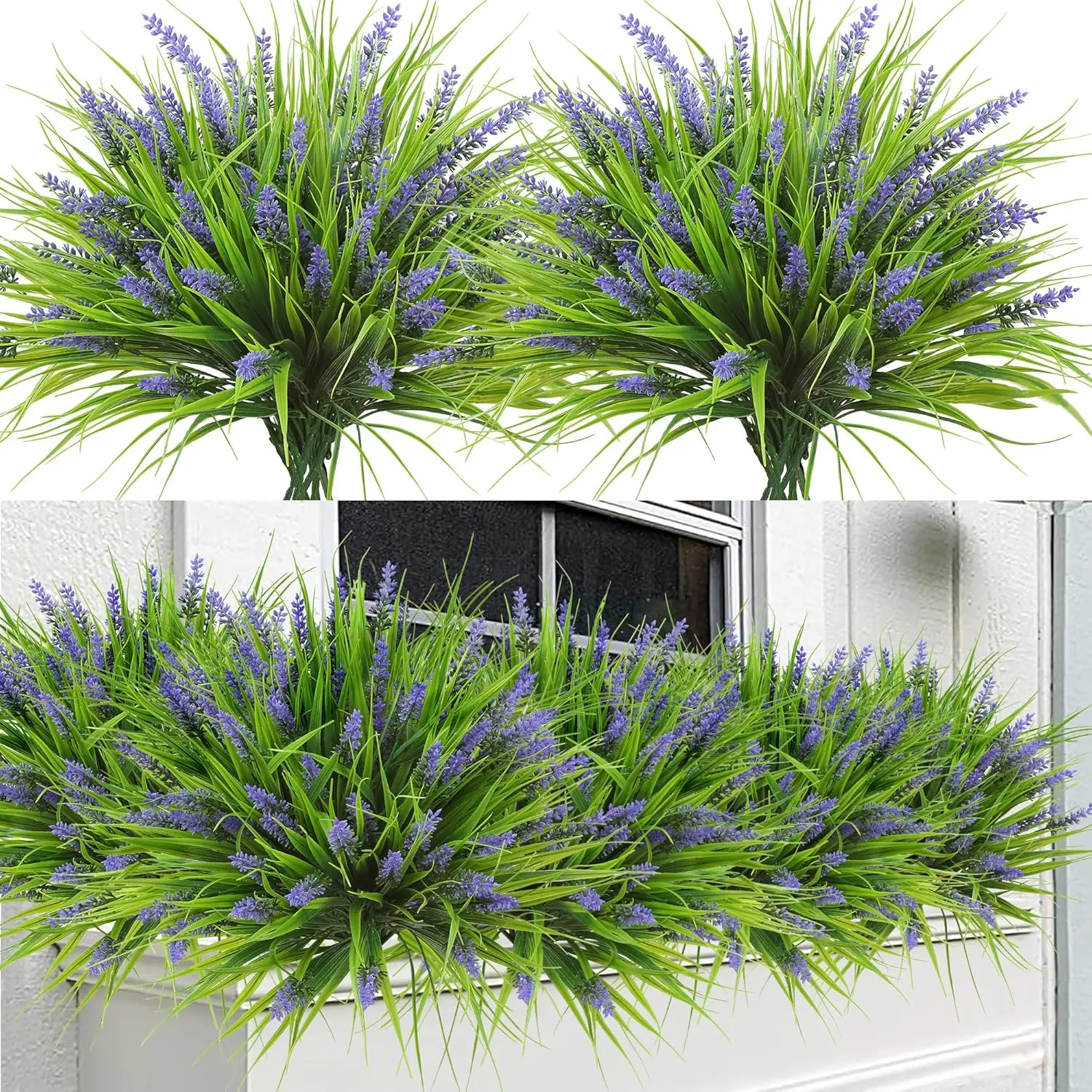 24  Artificial  Outdoor Faux Lavender   Monkey Grass UV Resistant Plastic Greenery  for Garden Home Porch Window Patio Hanging Planter Indoor Decor (Purple)