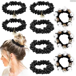 9PCS Black Pearl Hair Ties Scrunchies Set Crystal Bead Elastic Scrunchies, No Damage Strong Hold Ponytail Holders Stretchy Handmade Y2K Aesthetic Hair Accessories for Women Thick & Thin Hair, Daily Wear, Gym, School, Casual Style