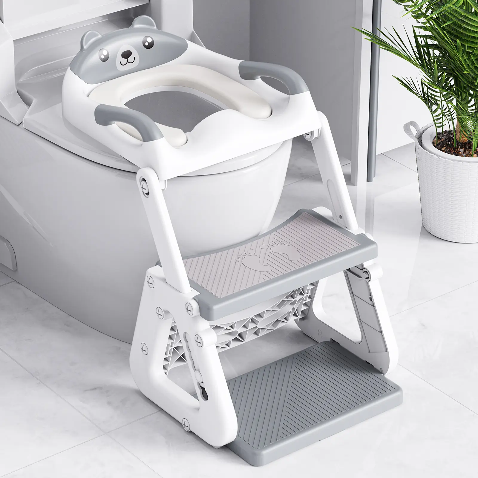 Orzbow 2-IN-1 Kids Potty Training Toilet Seat + Stool with Step Ladder - Adjustable Height, Waterproof PVC Cushion (Feels Soft & Resilient), Extended Pedal, Extra Splash Guard, Anti-Slip TPE Pad, Easy to Clean, 165lbs Capacity, Grey (For 18-24 Months)