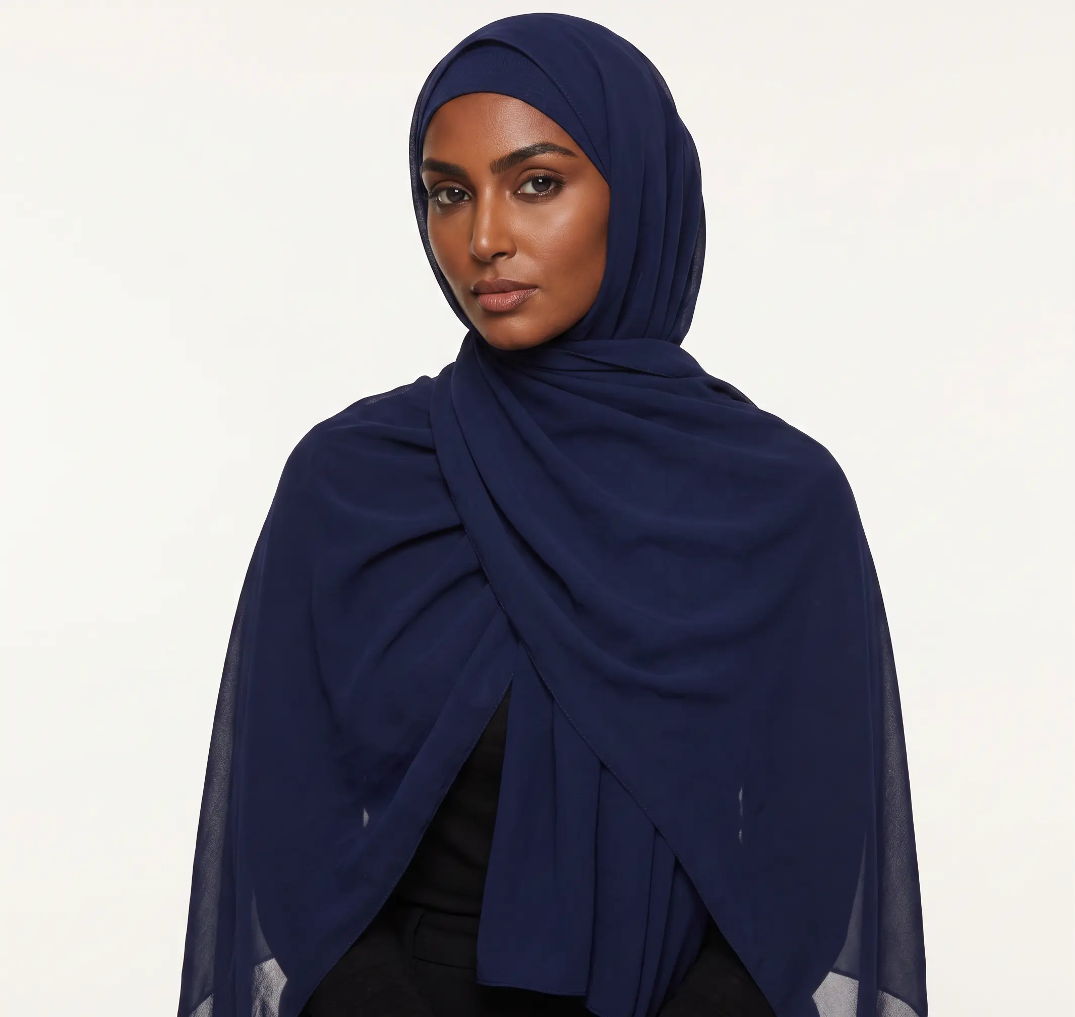 Monaco Bleu Chiffon Hijab for Women, Solid Navy Blue Head Scarf, Lightweight & Breathable with Soft Drape, 70x180cm