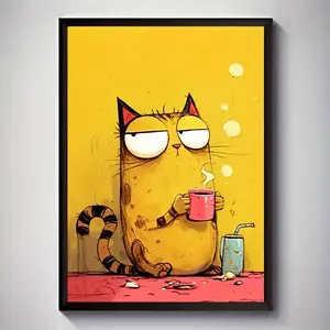 Lazy Cat Coffee Mug Wall Art, Funny Yellow Background Poster, Quirky Animal Prints Not Included Frame