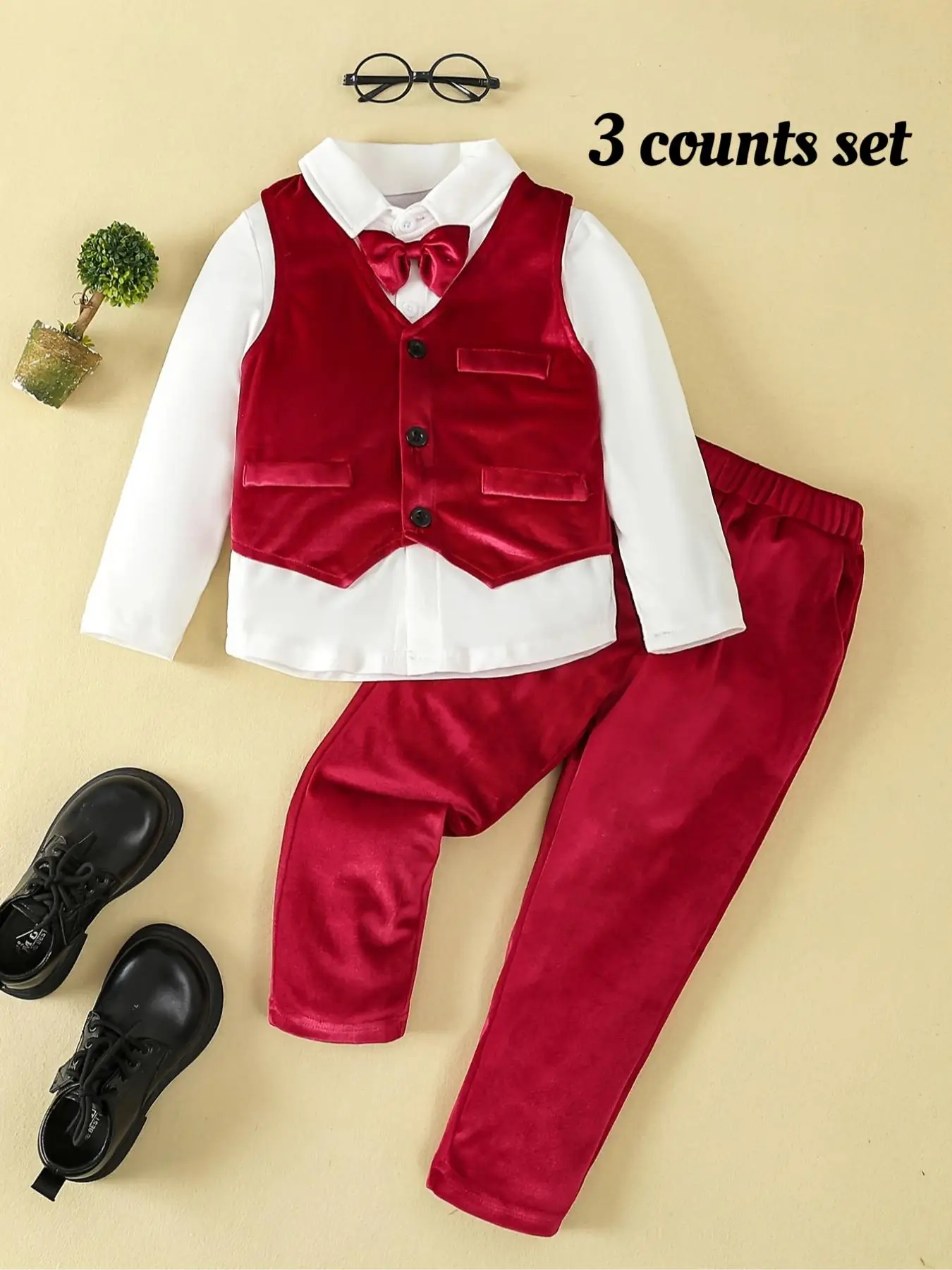 Three-piece Set Boy's Solid Button Front Shirt & Velvet Vest & Elastic Waist Pants (with Tie), Fashion Long Sleeve Outfits for Daily Wear, Kids Fall &
