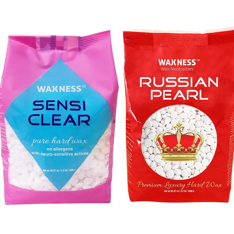 Waxness RUSSIAN PEARL (Creamy) and SENSI CLEAR (Gel) Rosin-Free Stripless Hard Wax for Sensitive Skin, Brazilian & Full Body Hair Removal 2.2 lb / 1 kg Each, Pack of 2,  Made in Italy