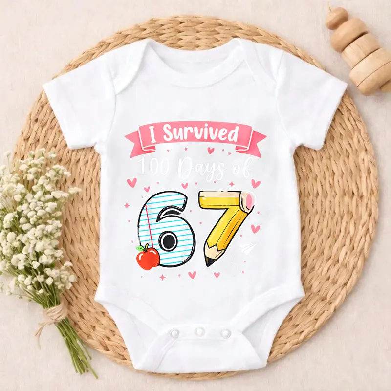 Cotton Baby Bodysuit I Survived 100 Days Of 67 Number Print 100% Pure Cotton Non-Irritating Snap Closure Breathable Stretchy Perfect For Gifting & Everyday