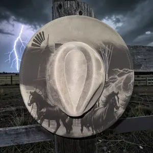 Engraved Western Cowboy Hat – Storm Lightning Horse Design | Custom Ranch Style Hat