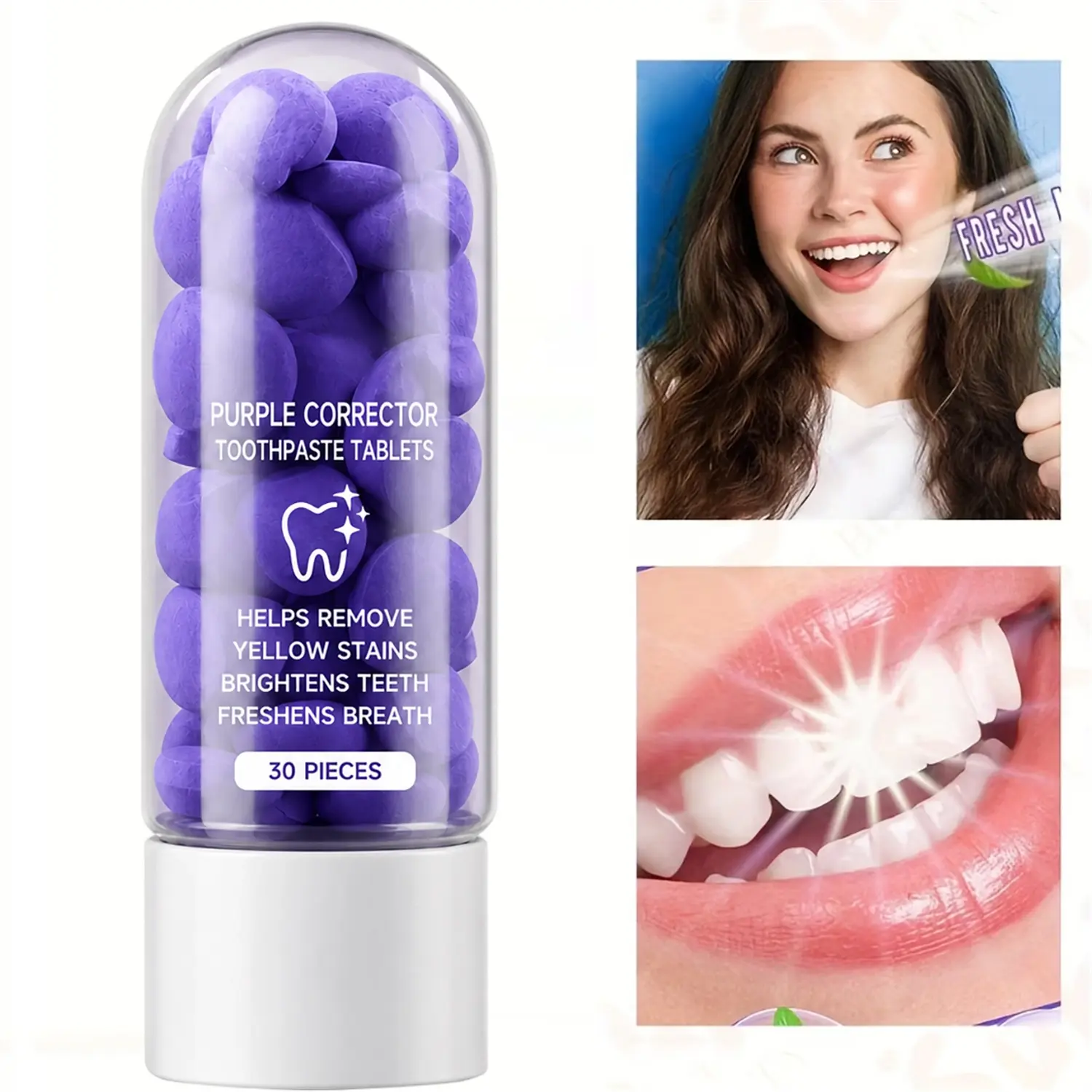 Purple Whitening Toothpaste Tablets—Enriched with mint and HAP—effectively clean teeth. Brushing with these tablets removes stains and yellowing, whitens teeth, eliminates bad breath, and freshens breath. Ideal for home and travel use.