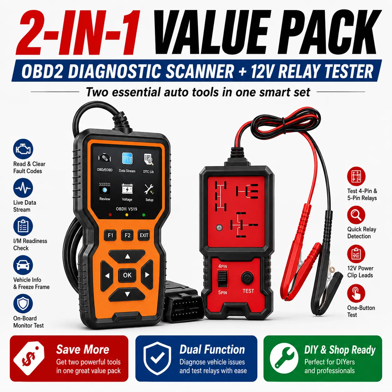 2-in-1 OBD2 Scanner and 12V Automotive Relay Tester Kit, V519 Car Diagnostic Code Reader with Live Data, Read/Clear Engine Fault Codes, I/M Readiness, 4-Pin 5-Pin Relay Checker with Battery Clips