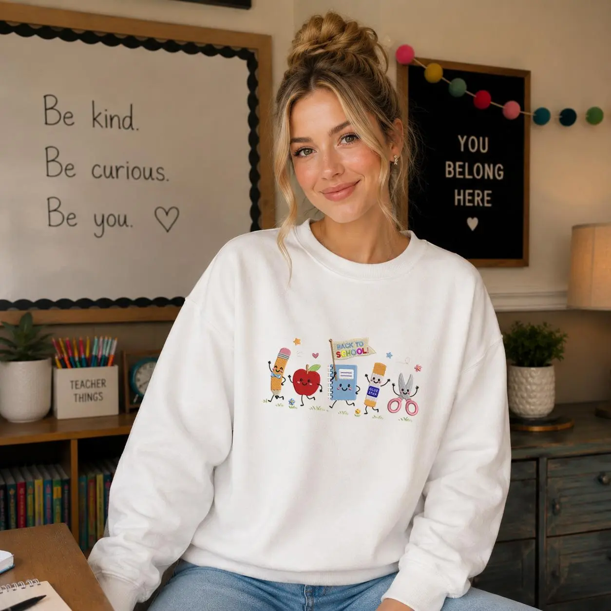 Back To School Embroidered Sweatshirt For Women, Cute Teacher Crewneck, School Supplies Graphic Pullover, First Day Of School Gift