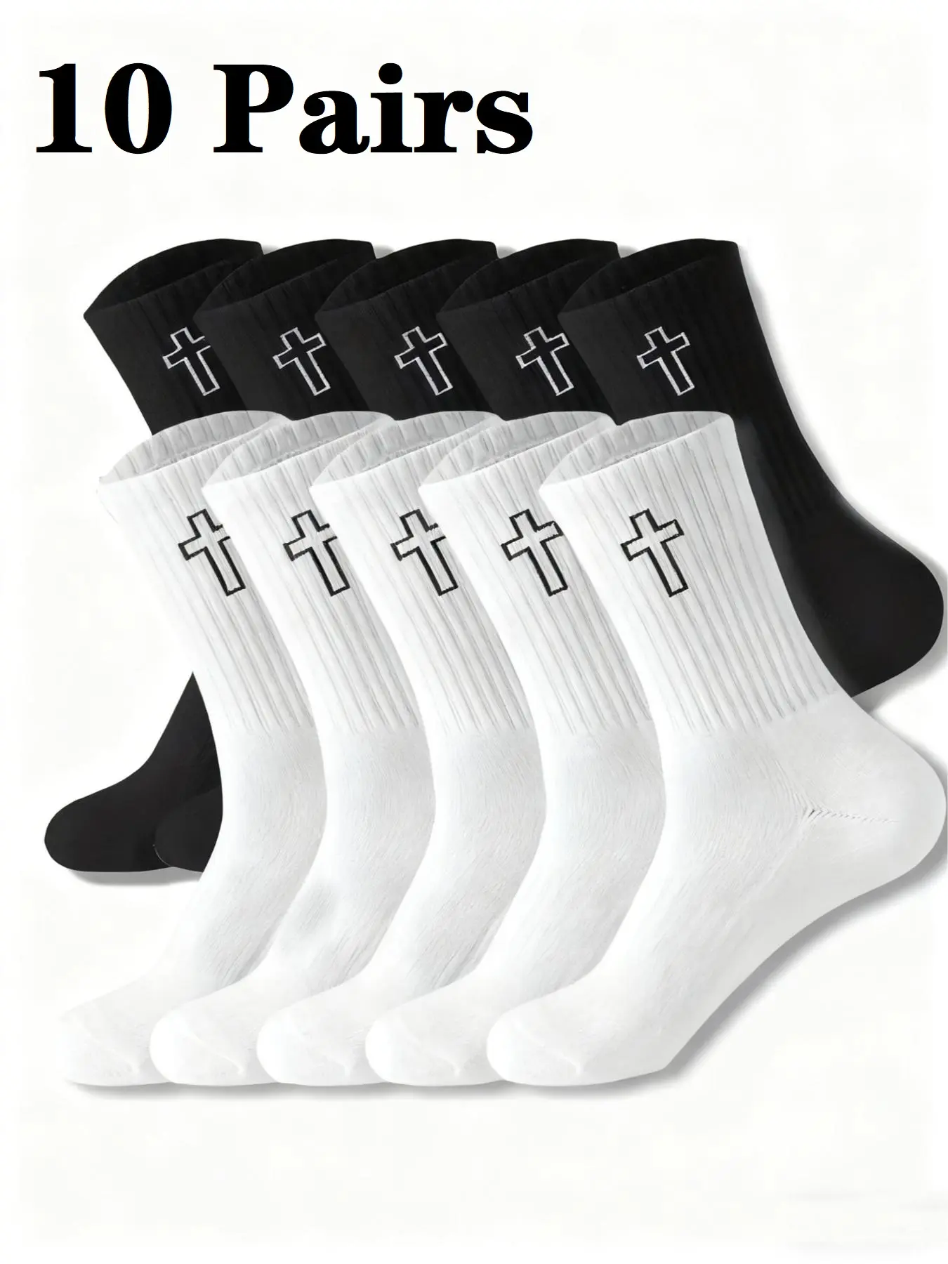 10 Pairs Unisex High Waist Breathable Athletic Sports Socks, Geometric Cross Design, Moisture Wicking Mid-Calf Socks, All Season Use, Sweat Wicking Socks