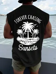 FOREVER CHASING SUNSETS' Sunset Chaser Theme Black Sleeveless Tank Top | Beach & Casual Streetwear Top | Breathable Cotton Fabric | Bold Coastal Aesthetic | Trendy Loose-Fit | Eye-Catching Palm Tree Print | Versatile Summer Wear | Perfect for Vacation/Str