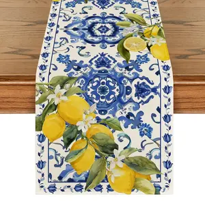 1pc Lemon Blue and White Porcelain Summer Table Runner Spring Kitchen Dining Table Family Party Decor