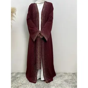 Women's Rhinestone Decor Belted Abaya, Modest Long Sleeve Open Front Abaya for Daily Wear, Women's Islamic Clothing for Spring & Fall, Loose Abayas