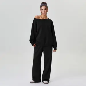 Women'S Leisure Solid Color Sloping Shoulder Long Sleeve Top & Wide Leg Trousers Co-Ord, Cozy Scoop Neck Loose Two Piece Outfits, Basic Womenswear