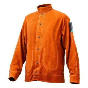 VEVOR Leather Welding Jacket, Heavy Duty Cowhide Flame Resistant Welding Coat, Waterproof Heat-Resistant Safety Jacket with 4 Pockets Adjustable Cuffs for Welders Steelworks - L Size