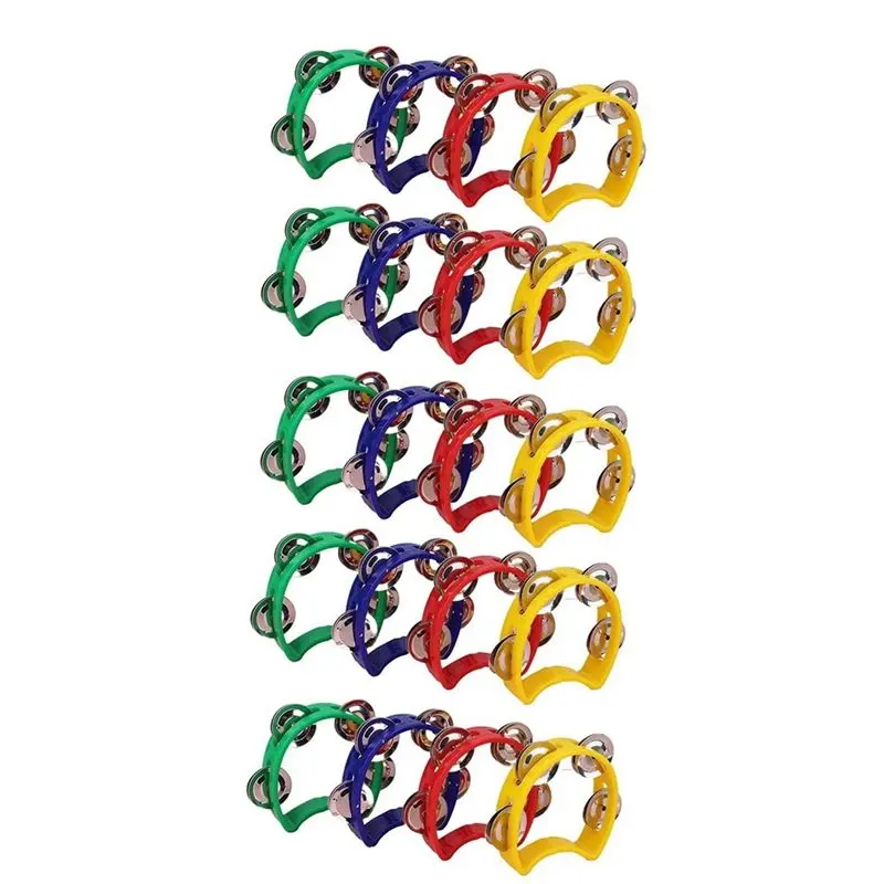 20-Pack Plastic Handheld Tambourines - 4.3in Wide, 5.1in Long Colorful Bells & Chimes Percussion Instruments with Crisp Sound, Easy-to-Clean, Stainless Steel Accents for Teaching, Parties, Artistic & Musical Talents Cultivation