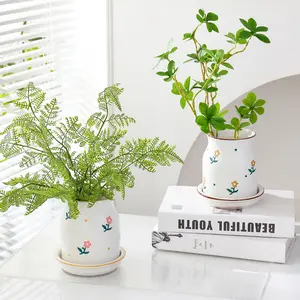 Modern Ceramic Succulent Planter Set, Round Rattan Design, Indoor Office Desk Plant Pot, Easy Care, Decorative Container, Portable Garden Planters