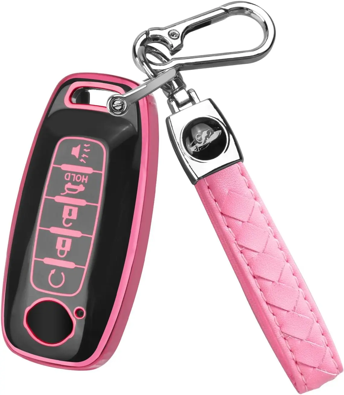 Car Key Fob Cover - 5-Button Metal Keyring Protector, Compatible with 2023-2024 Pathfinder Rogue, Pink Automotive Remote Key Accessory