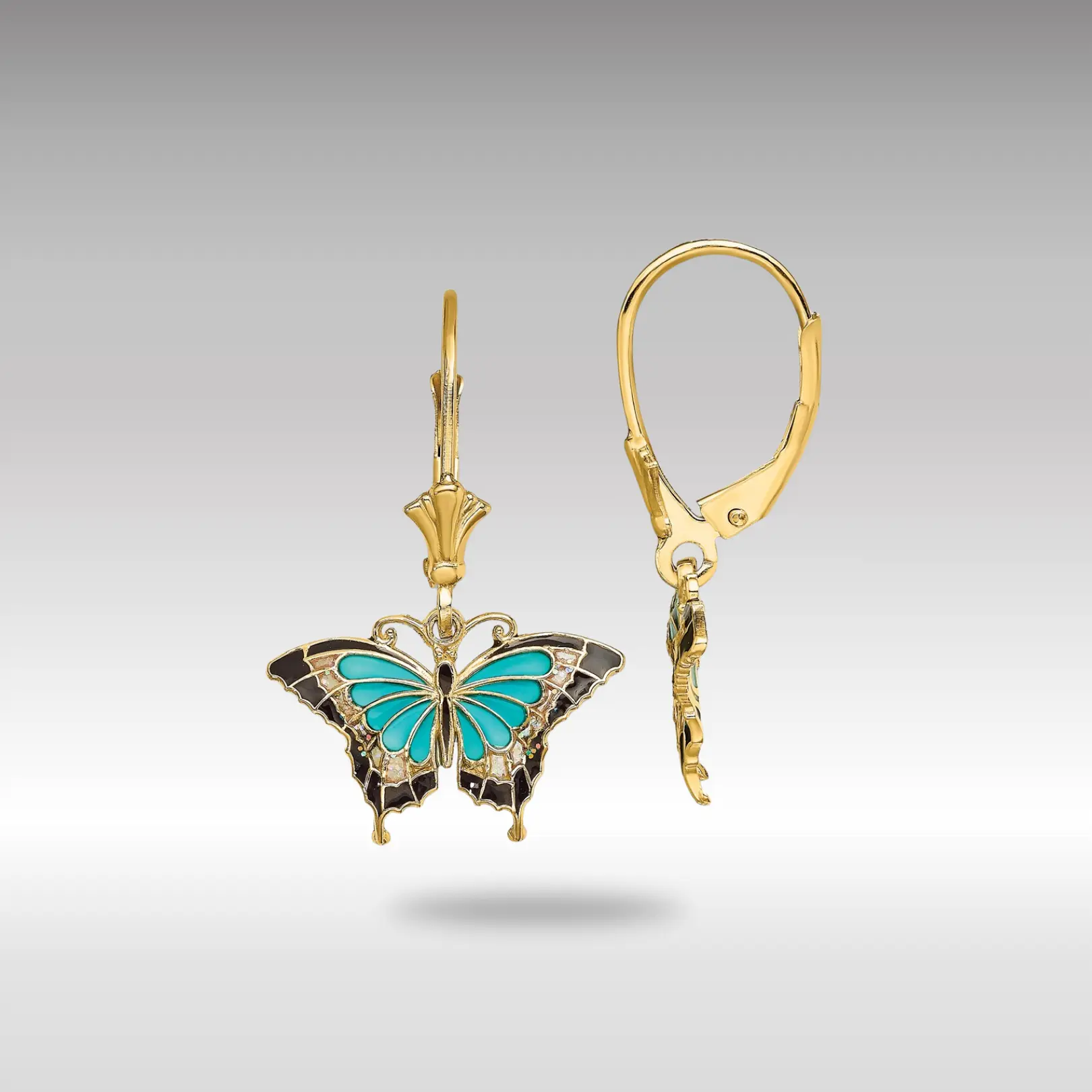 14K Gold Aqua Enameled Wings Butterfly Leverback Earrings - Model TF1916