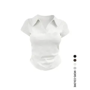 Women's Dark Slim Fit Polo Shirt Short Sleeve, Minimalist Fashion Summer Top, Casual Stylish Polo Tee for WomenRAIMENTRY
