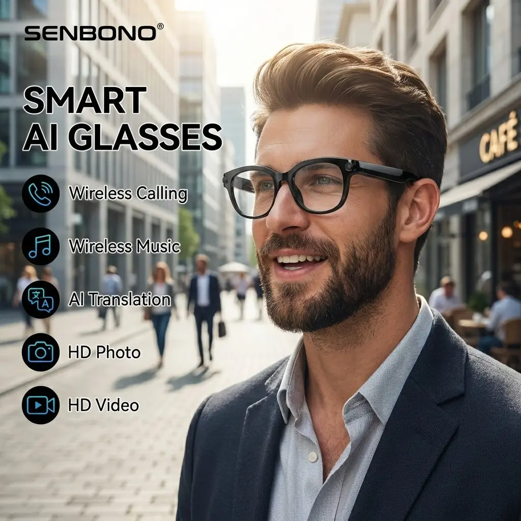SENBONO AI Wearable Multifunctional Smart Glasses, Ai Glasses With Camera, HD Camera+LED Flashlight, AI Translation, 38g Lightweight, Wireless Call, Long Standby, Wearable Tech Glasses