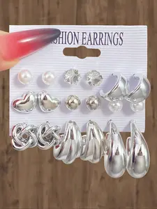 9 Pairs Simple Silver Color Fashionable Earrings Set, Twisted Heart Water Drop C Shape Studs, Ideal Gift for Various Occasions, All Season Use