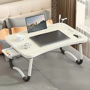 Multifunctional Leg Rest Table with Cup Holder and Drawer, USB, Fan, and Light - Portable Foldable Bed Tray, Suitable for Laptop, Bed Breakfast, Reading and Writing on Sofa/Recliner, Laptop Desk in Bed