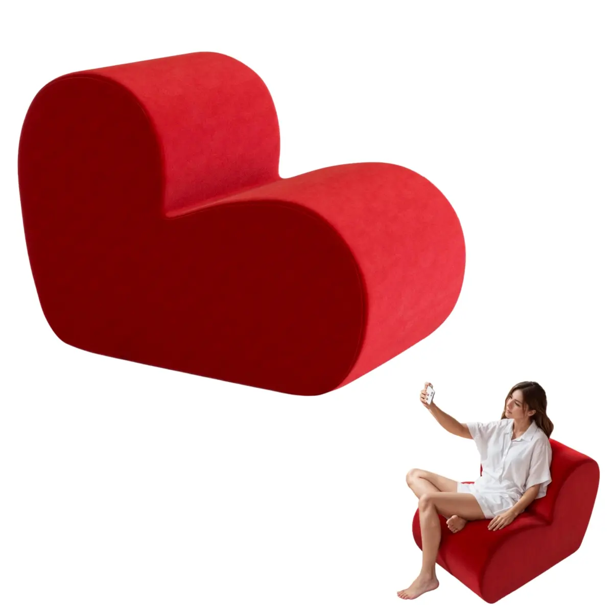 Unique Heart‑Shaped Velvet Single Sofa Chair, Ergonomic Comfy Floor Lazy Reading Sofa, Modern Decorative Accent Chair for Living Room, Hotel Lobby, Commercial Space, Wedding & Anniversary Event Decor