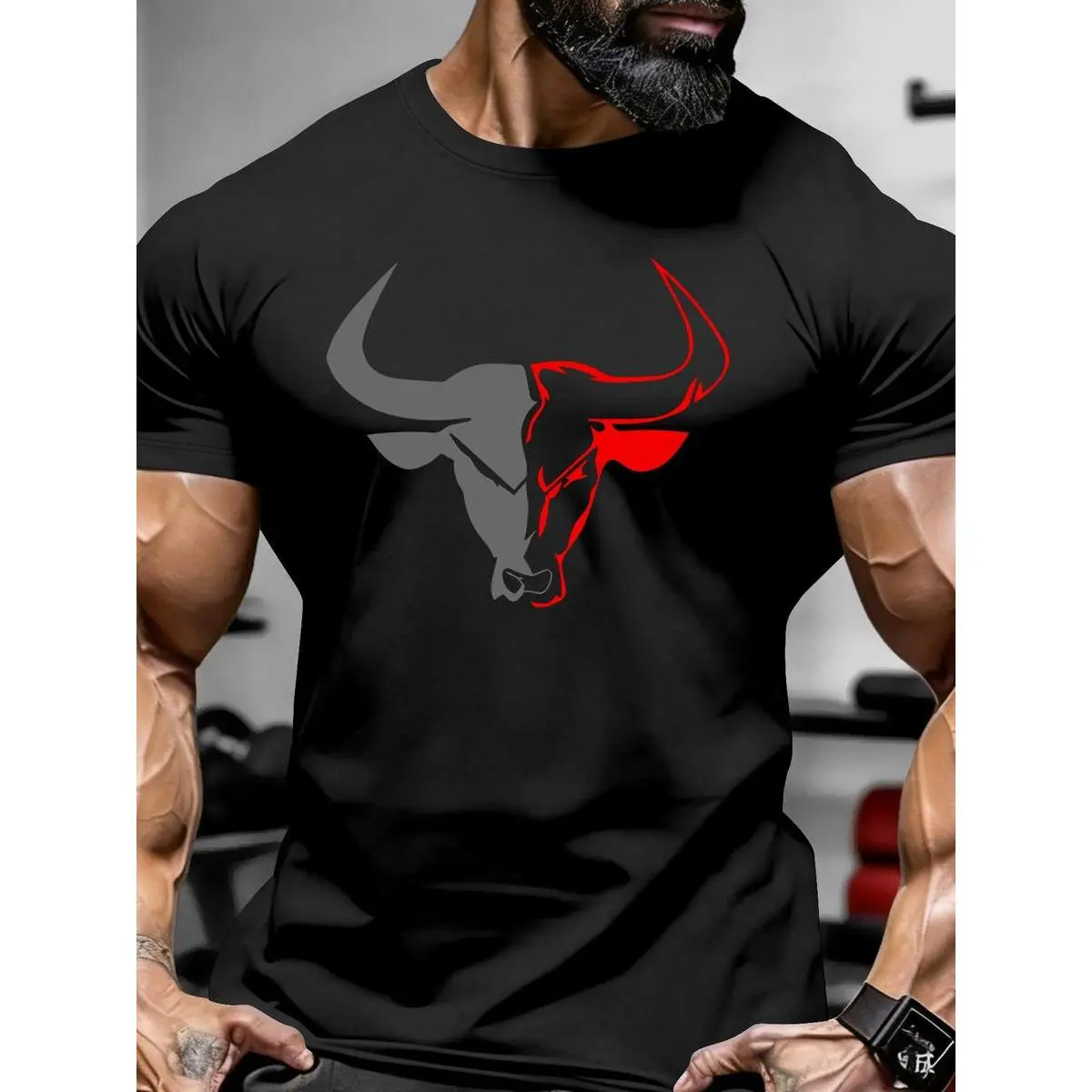 Men's Sports T-Shirt, Oversized Bull Graphic Print Top in Natural Breathable Cotton with Denim Accents, Machine Washable, Breathable Fabric Sports T-Shirt, Machine Washable Sports T-Shirt
