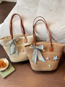 French sweet fashion large-capacity scarf straw bag, simple and casual starfish decoration shoulder tote bag, Beach Purse