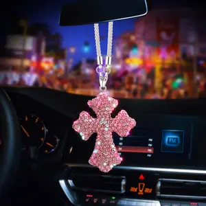 1Count Sparkling Crystal Cruciform Car Pendant - Stainless Steel, Dazzling Rhinesne-Adorned Rearview Mirror Charm, Fit for Men & Women, Adds Glamour  Vehicle Interiors