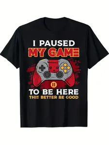 Men's Casual Black Graphic Print T-Shirt - "I Paused My Game to Be Here" Slogan & Controller Design, Soft Breathable Fabric, Round Neck Tee for Gaming, Outdoor Activities & Parties