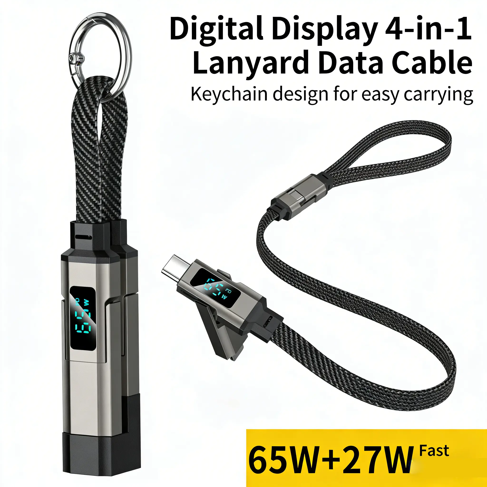 4-in-1 Short USB-C Keychain Lanyard Data Cable - Braided, LED Display, PD Fast Charging Mobile Cord for iPhone 17, Samsung Galaxy A17