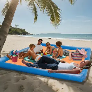 Extra-Large Sandproof Beach Blanket 79”×83” – Inflatable Pillow Walls, Turns into Sun Tent, Portable Playpen with Stakes for Outdoor Fun