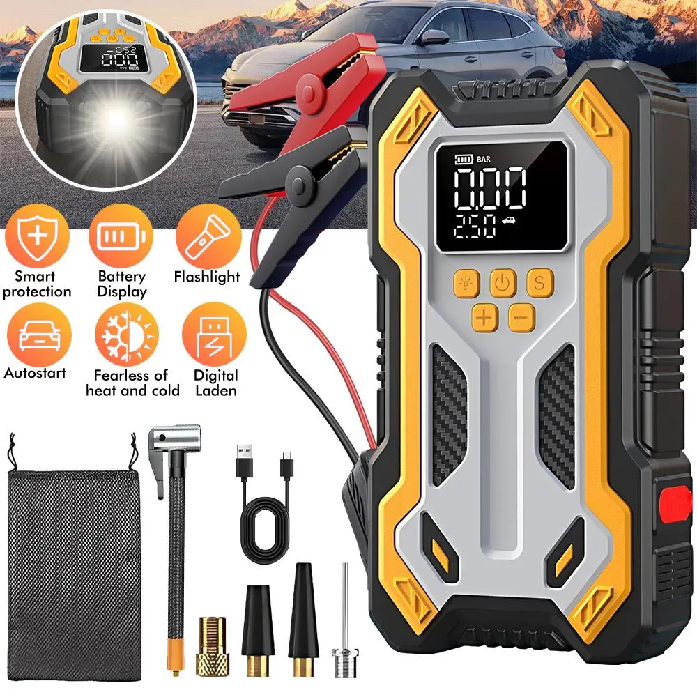 Portable Car Jump Starter with 150PSI Air Compressor & Battery Charger, Emergency Jump Box with Jumper Cables LED Lights, Universal for All Gas 12L Diesel Vehicles Cars Bikes Balls and More Compact Starter