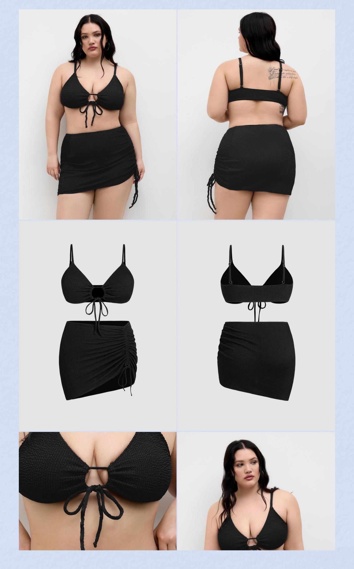 Cider Crinkle Fabric Shaping V-neck O-ring Triangle Bikini Set With Drawstring Sarong Curve & Plus