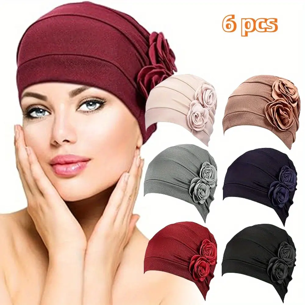 6-Pack Women's Floral Turban Headwrap, Classic Stretchy Polyester Caps, Breathable and Lightweight for All Seasons