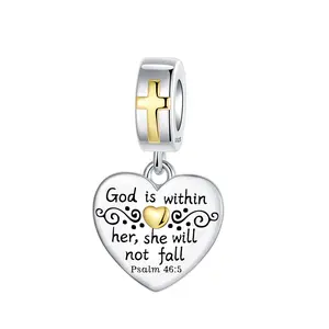 "God Is Within Her" Religious Cross&Heart Jewelry Charm, Cute Pendant for Neckalce Bracelet, Perfect Gift for Christians