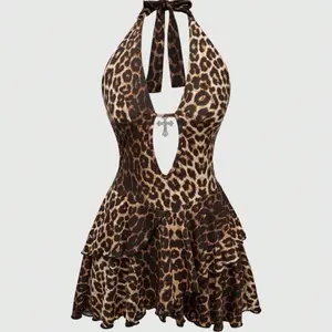 Womens Y2K Retro Subculture Sexy Leopard Print Halter Dress with Cross Pendant, Casual Style, Womenswear Comfort Summer Bodycon Ruched