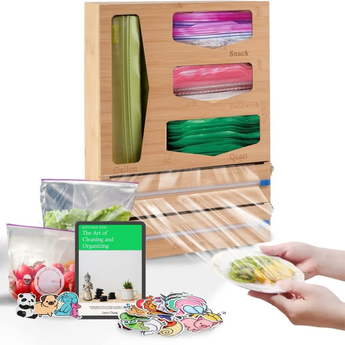 KitchenStamp Ziplock Bag Organizer for Drawer (Updated 2023), 6 in 1 Foil and Plastic Wrap Dispensers, Kitchen Organizers and Storage Compaitble with Gallon, Quart, Sandwich, and Snack Bags & 12” Aluminum and Foil Platoc Rolls (17.4” x 13.3” x 3.5”)